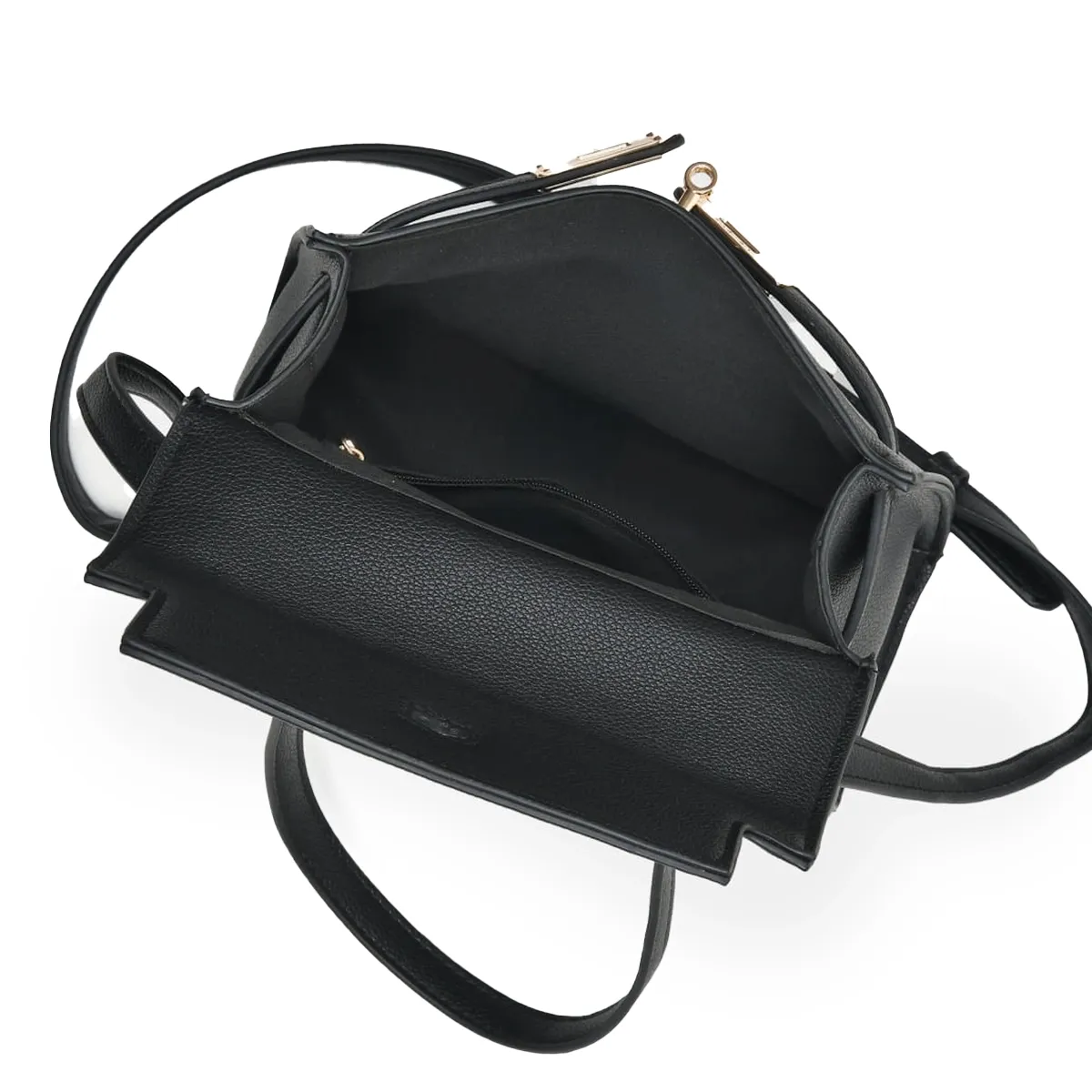 Bolsa Via Marte tiracolo preta aberta mostrando interior forrado e bolsos organizadores